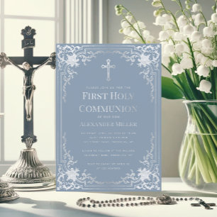 Elegant Dusty Blue Faux Silver Boy First Communion Invitation