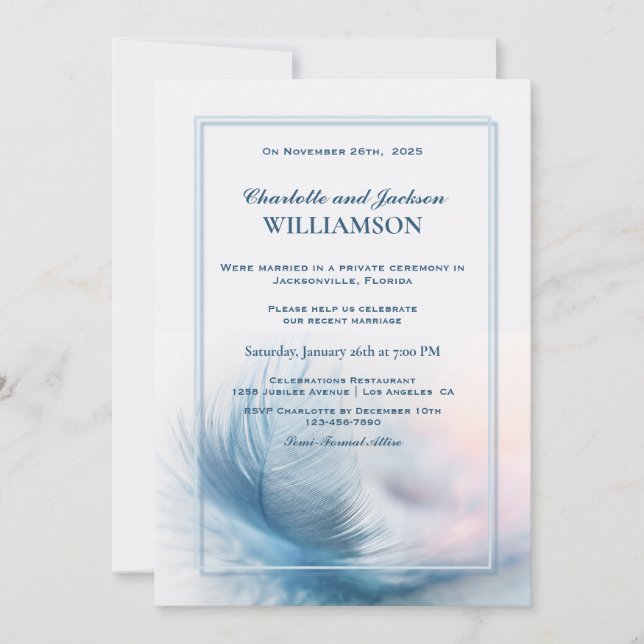 Elegant Dusty Blue Feather Wedding Reception Invitation (Front)