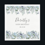 Elegant Dusty Blue Floral 18th Birthday Custom Napkin<br><div class="desc">Very pretty napkin for a birthday party. The two floral borders feature dusty blue peony and rose flowers nestled in blue eucalyptus leaves. The woman's name is written in an elegant script font. Two lines of text let you customise your birthday message.</div>