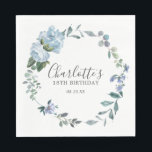 Elegant Dusty Blue Floral 18th Birthday Custom Napkin<br><div class="desc">Very pretty napkin for a 18th birthday party. A floral wreath features dusty blue peony and rose flowers nestled in blue eucalyptus leaves. The woman's name is written in a trendy script font. 18th Birthday and date follow. This 18th Birthday napkin is part of the 18th Birthday Dusty Blue Floral...</div>