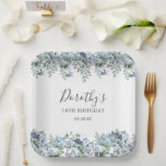 Elegant Dusty Blue Floral 18th Birthday Custom Paper Plate<br><div class="desc">Very pretty paper plate for a birthday party. The two floral borders feature dusty blue peony and rose flowers nestled in blue eucalyptus leaves. The woman's name is written in an elegant script font. Two lines of text let you customise your birthday message.</div>