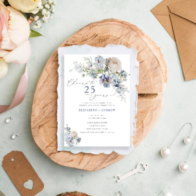 Elegant Dusty Blue Floral 25th Wedding Anniversary Invitation (Creator Uploaded)