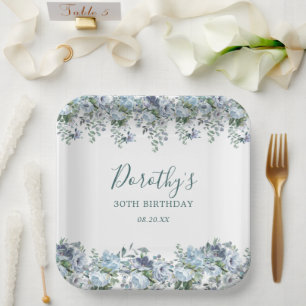 Elegant Dusty Blue Floral 30th Birthday Custom Paper Plate