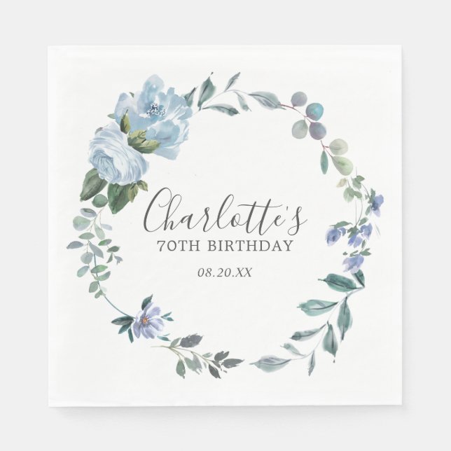Elegant Dusty Blue Floral 70th Birthday Custom Napkin (Front)