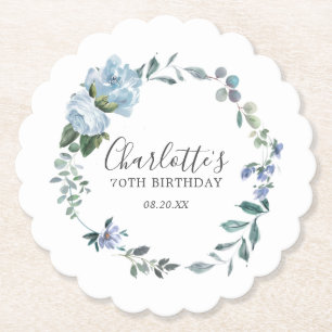 Elegant Dusty Blue Floral 70th Birthday Custom Paper Coaster