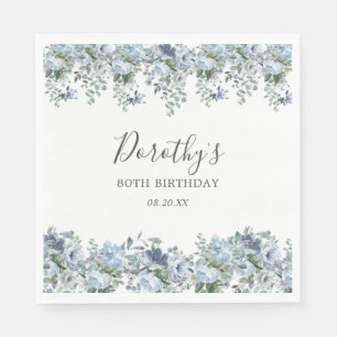 Elegant Dusty Blue Floral 80th Birthday Custom Napkin