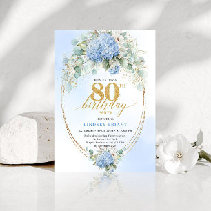 Elegant Dusty Blue Floral 80th Birthday Invitation