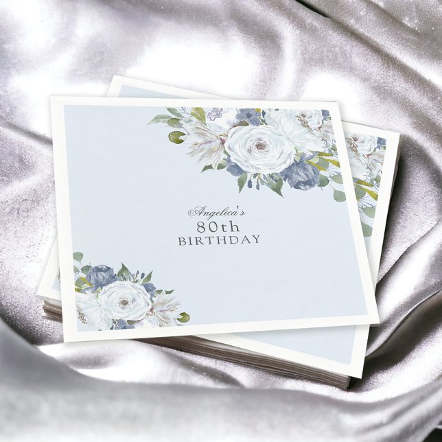 Elegant Dusty Blue Floral 80th Birthday Party Napkin (Available in 3 sizes: cocktail; luncheon; and dinner sizes.)
