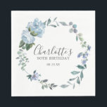 Elegant Dusty Blue Floral 90th Birthday Custom Napkin<br><div class="desc">Very pretty napkin for a 90th birthday party. A floral wreath features dusty blue peony and rose flowers nestled in blue eucalyptus leaves. The woman's name is written in a trendy script font. 90th Birthday and date follow. This 90th Birthday napkin is part of the 90th Birthday Dusty Blue Floral...</div>
