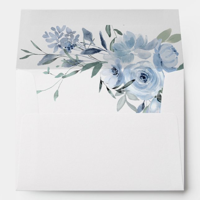Elegant Dusty Blue Floral Addressed Wedding Envelope (Back (Bottom))
