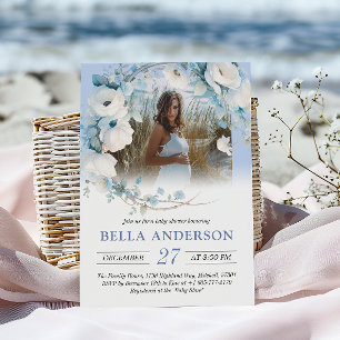 Elegant Dusty Blue Floral Baby Shower Invitation