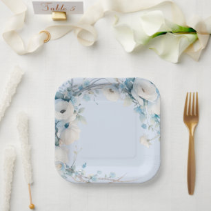 Elegant Dusty Blue Floral Baby Shower Paper Plate