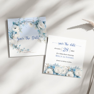 Elegant Dusty Blue Floral Baby Shower Save The Date