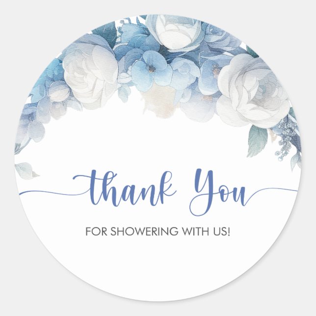 Elegant Dusty Blue Floral Baby Shower Thank You Classic Round Sticker (Front)