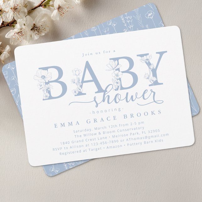 Elegant Dusty Blue Floral Baby Shower Typography Invitation (Dusty Blue Baby Shower Invite)