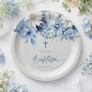 Elegant Dusty Blue Floral Baptism Paper Plate
