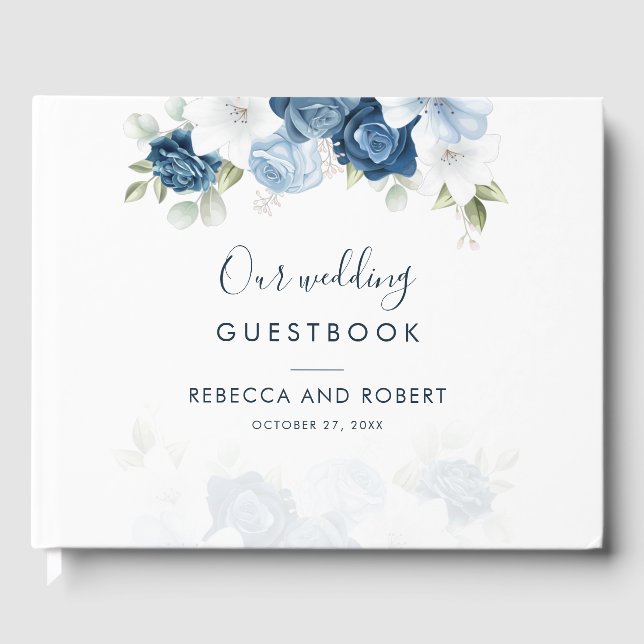 Elegant Dusty Blue Floral Bloom Wedding Guest Book (Front)