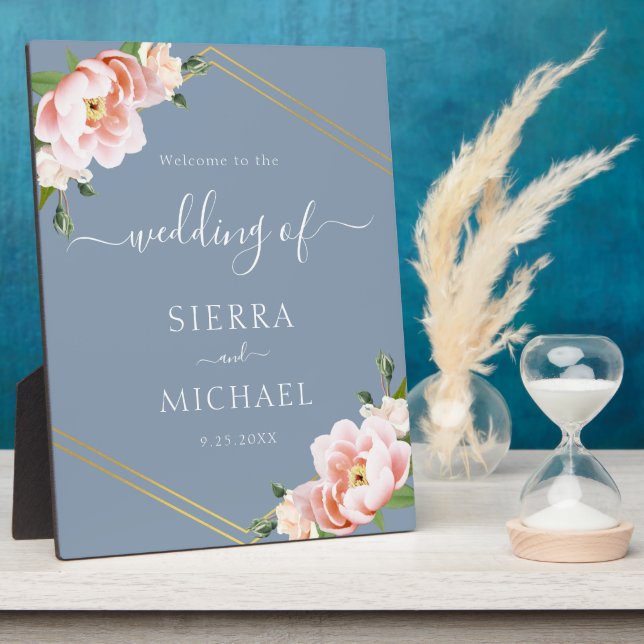 Elegant Dusty Blue Floral Blush Gold Wedding Plaque (Side)