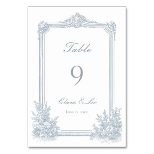 Elegant Dusty Blue Floral Border Wedding Table Number