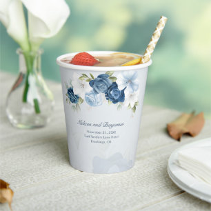 Elegant Dusty Blue Floral Botanical Wedding Paper Cups
