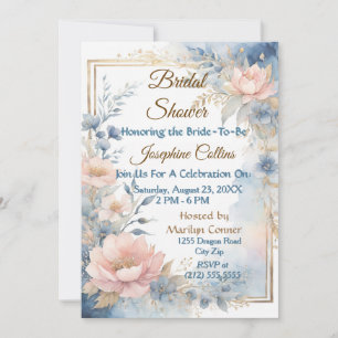 Elegant Dusty Blue Floral Bridal Shower Gold Invitation