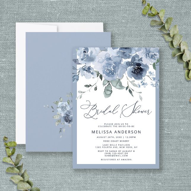 Elegant Dusty Blue Floral Bridal Shower Invitation (Creator Uploaded)