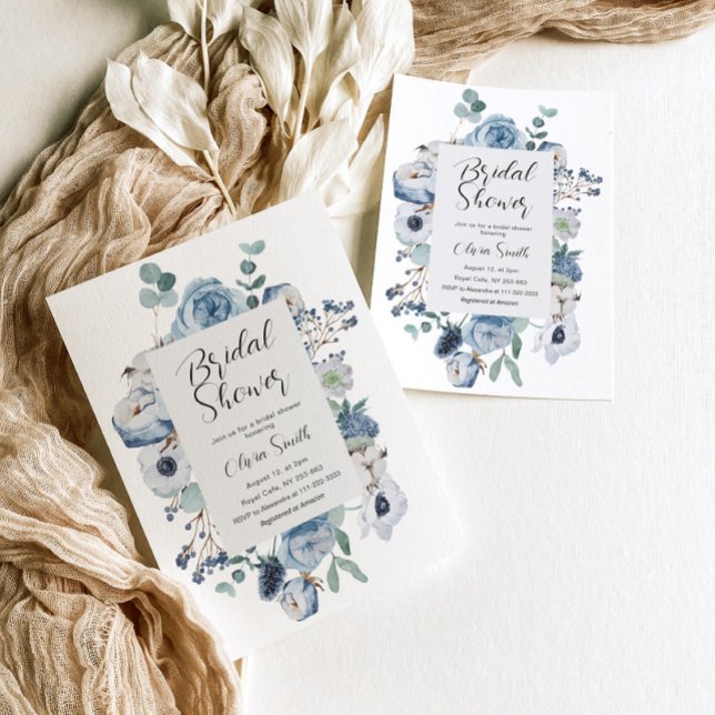 Elegant dusty blue floral bridal shower invitation (Creator Uploaded)