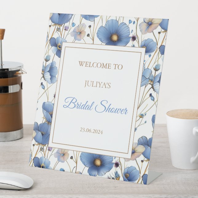 Elegant dusty blue floral Bridal Shower Pedestal Sign (In SItu)