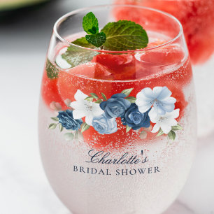 Elegant Dusty Blue Floral Bridal Shower Stemless Wine Glass