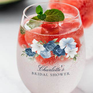 Elegant Dusty Blue Floral Bridal Shower Stemless Wine Glass