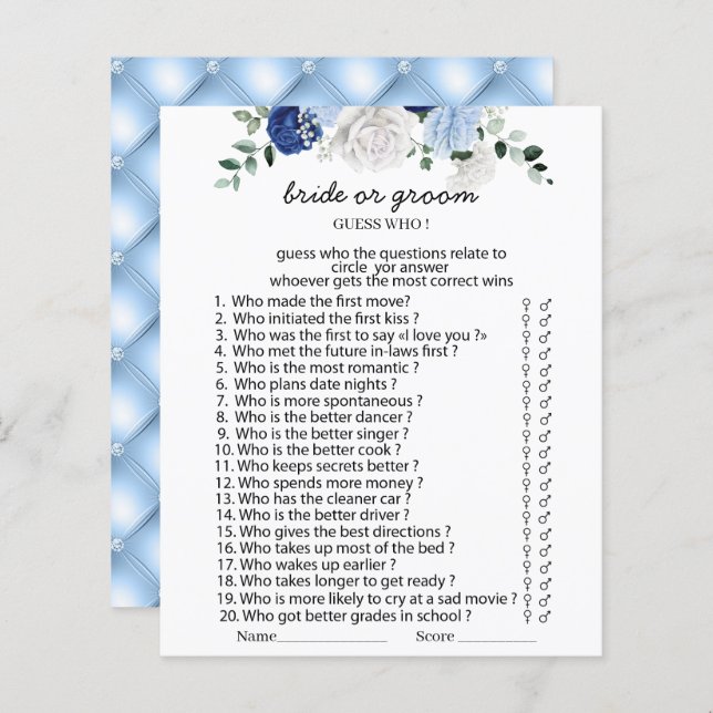Elegant Dusty Blue Floral bride or groom games Pap (Front/Back)