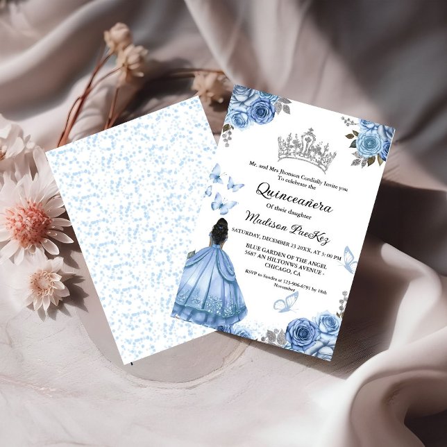 Elegant Dusty Blue Floral Butterfly  Quinceanera  Invitation (Creator Uploaded)