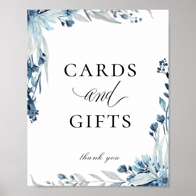 Elegant Dusty Blue Floral Cards Gifts Sign (Front)