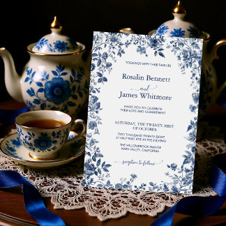 Elegant Dusty Blue Floral Chinoiserie Classic Invitation
