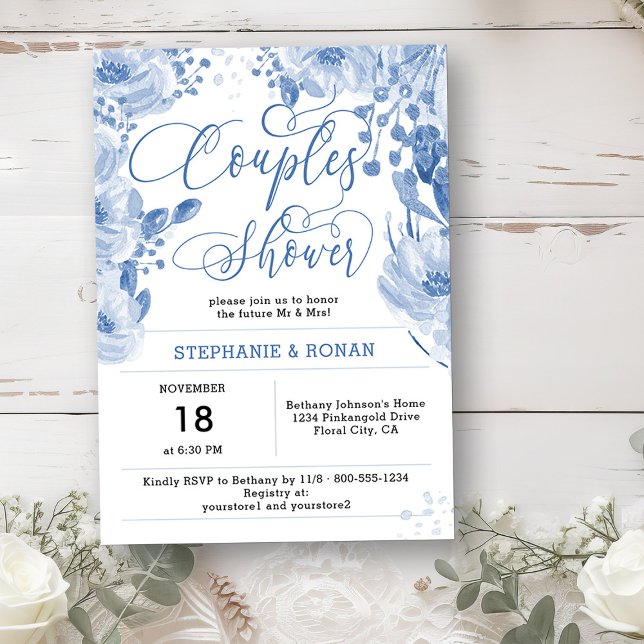 Elegant Dusty Blue Floral Couples Shower Invitation (Couples Shower Invitation from my Dusty Blue Watercolor Floral Bridal Shower)