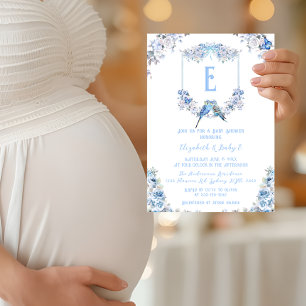 Elegant Dusty Blue Floral Crest Bow Baby Shower Invitation