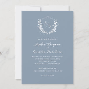 Elegant Dusty Blue Floral Crest Monogram Wedding Invitation