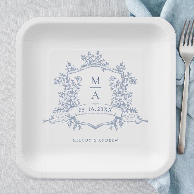 Elegant Dusty Blue Floral Crest Monogram Wedding Paper Plate (Creator Uploaded)