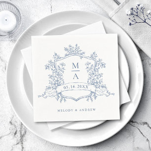 Elegant Dusty Blue Floral Crest Monograms Wedding Napkin