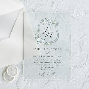 Elegant Dusty Blue Floral Crest Wedding Acrylic Invitations