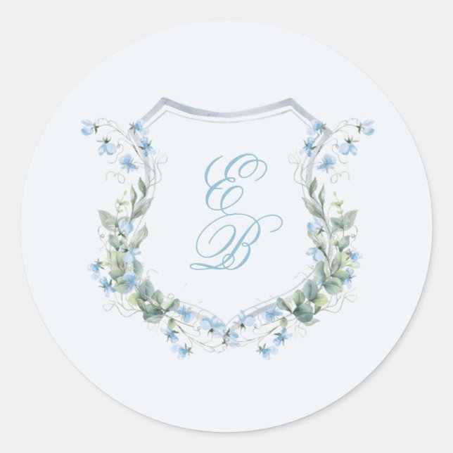 Elegant Dusty Blue Floral Crest Wedding Classic Round Sticker (Front)