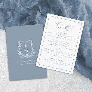 Elegant Dusty Blue Floral Crest Wedding Details Enclosure Card