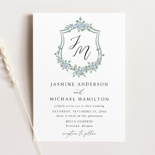 Elegant Dusty Blue Floral Crest Wedding Invitation