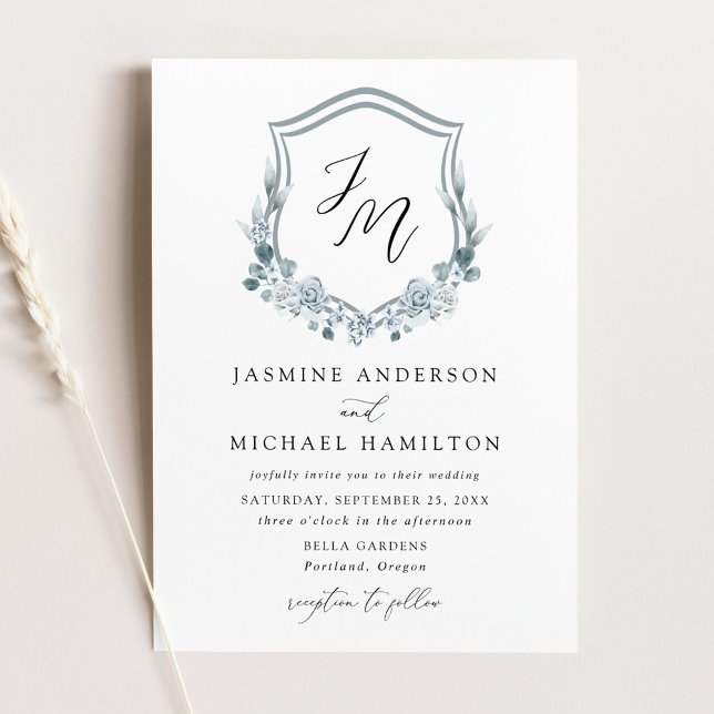 Elegant Dusty Blue Floral Crest Wedding Invitation (Creator Uploaded)