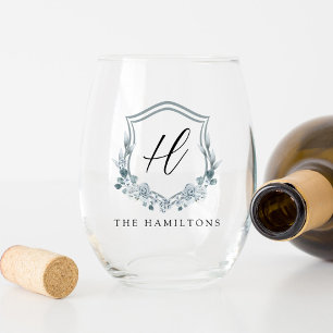 Elegant Dusty Blue Floral Crest Wedding Monogram Stemless Wine Glass