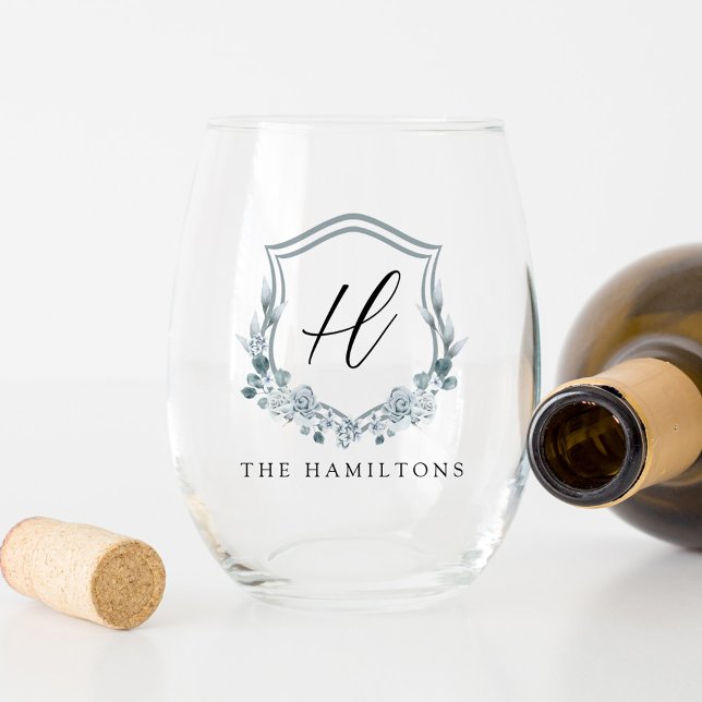 Elegant Dusty Blue Floral Crest Wedding Monogram Stemless Wine Glass (Creator Uploaded)