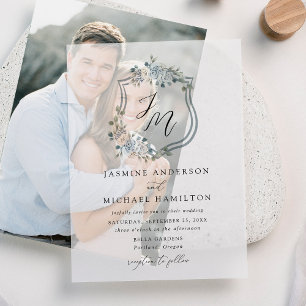 Elegant Dusty Blue Floral Crest Wedding Vellum Invitations