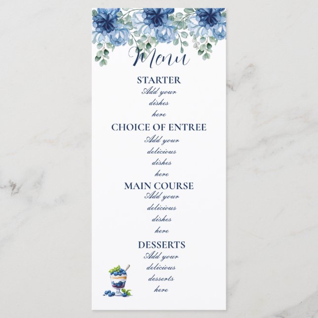 Elegant Dusty Blue Floral Eucalyptus Wedding Menu (Front)
