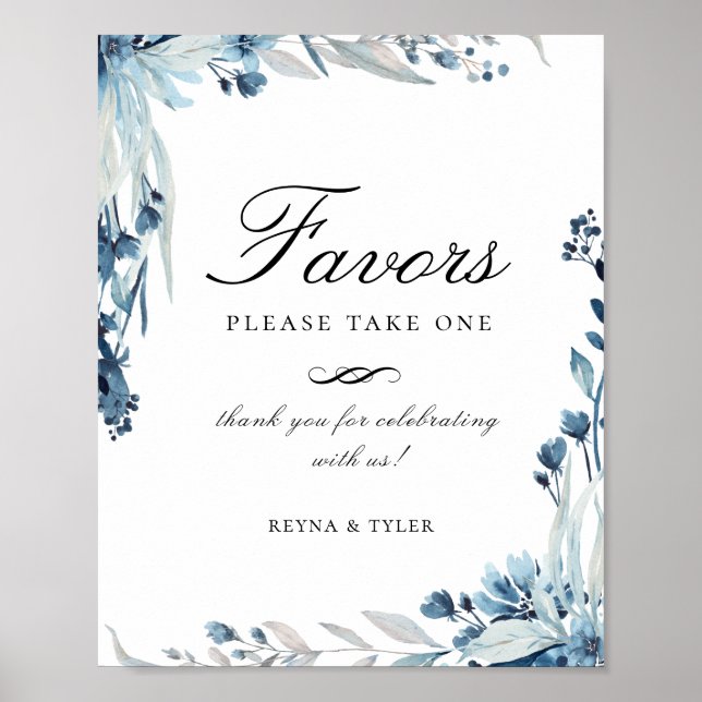 Elegant Dusty Blue Floral Favor Wedding Sign (Front)
