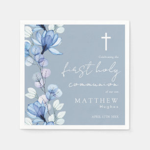 Elegant Dusty Blue Floral First Holy Communion Napkin